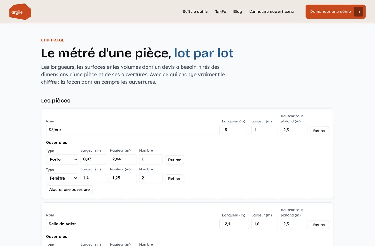 Bordereau de métré, lot par lot